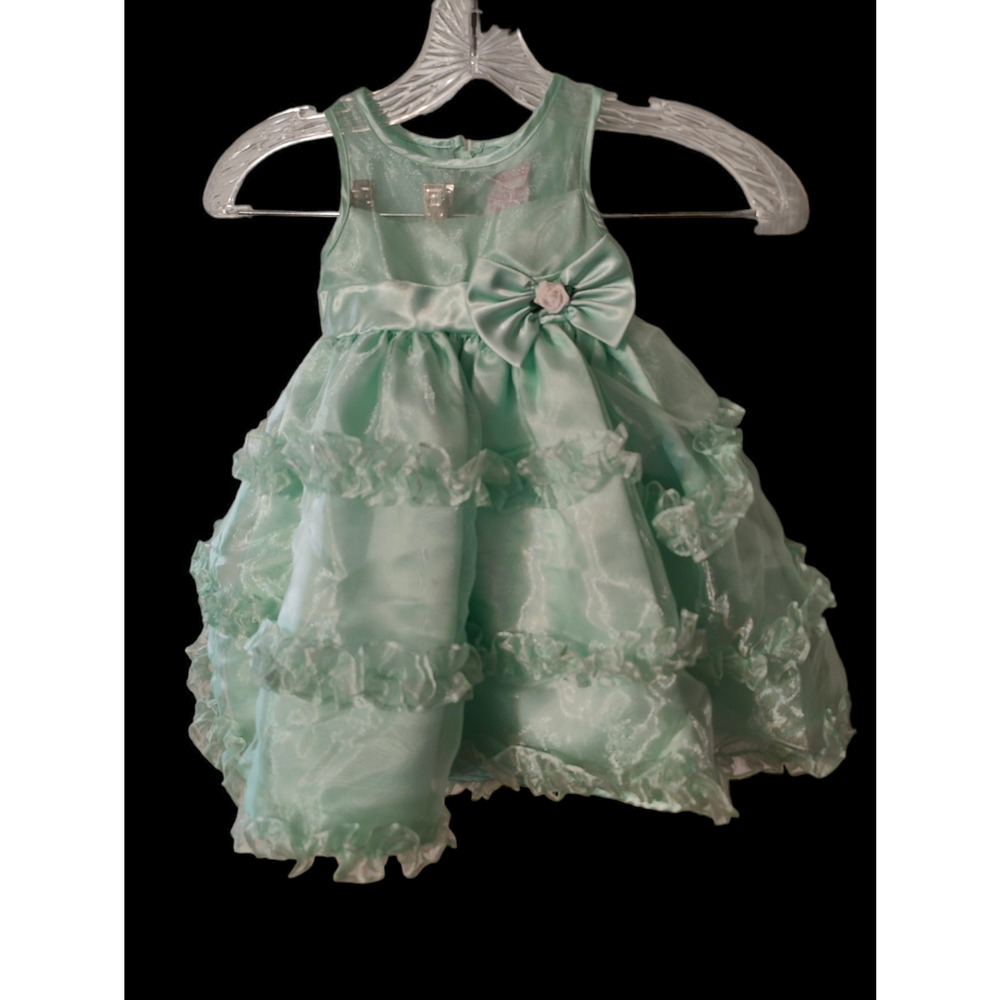 Nannette Toddler Girls Mint Green Organza Tiered Ruffle Dress Bow 18M Flaw